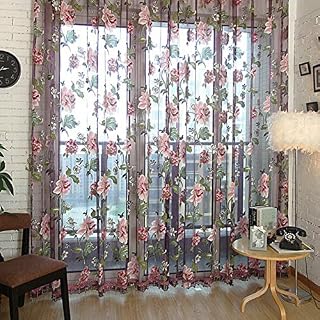 Ardorlove Curtain Flowers Print Window Screen Door Window Floral Pattern Balcony Tulle Voile Sheer Curtain Panel 95CM*200CM