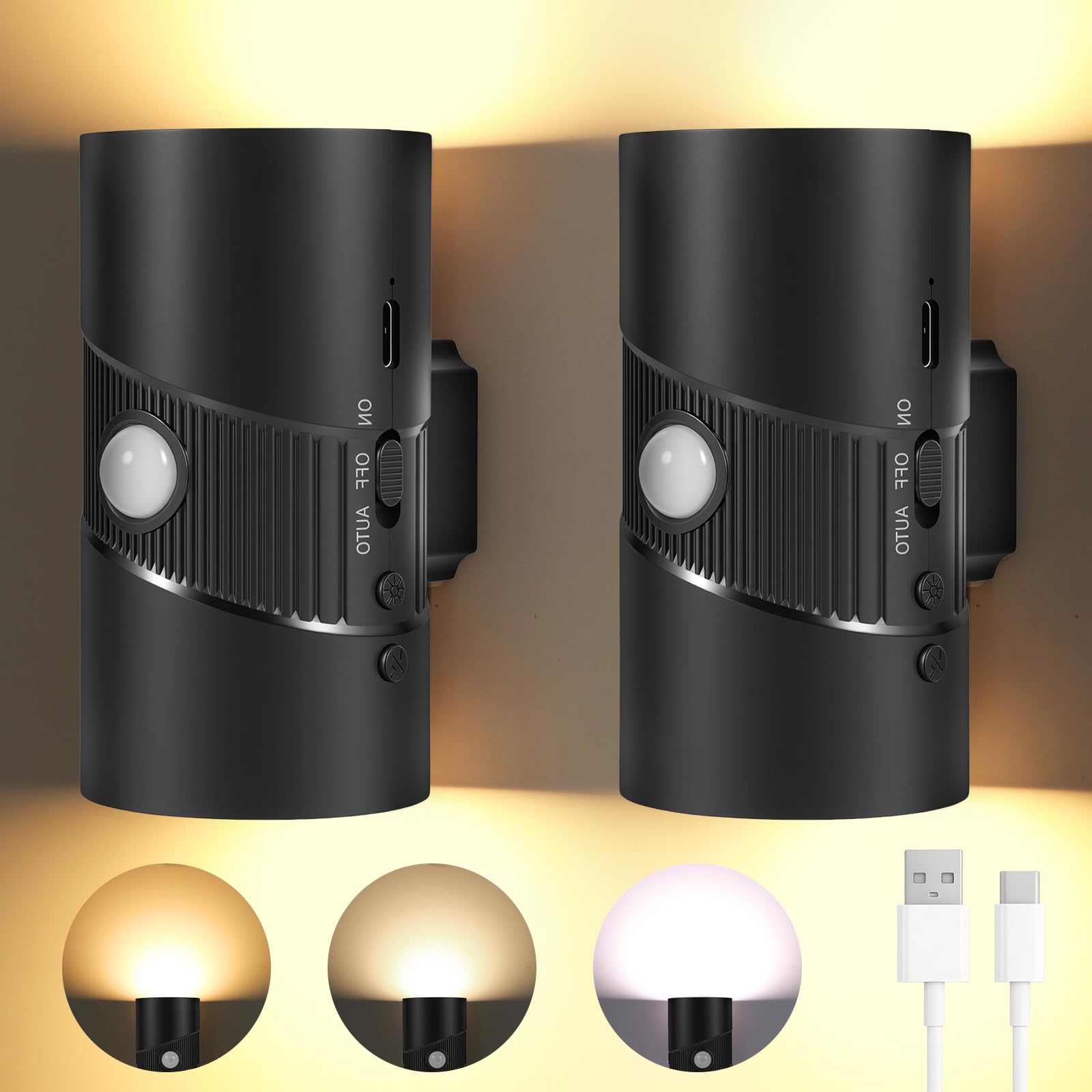 Motion Sensor Night Light - 2 Pack Rechargeable Night Light Stick On Wall Lights for Stair, with 3 Colors Modes, 4 Levels Brightness and 3 Sensor-Modes, Battery Sensor Lights for Indoors (Black)