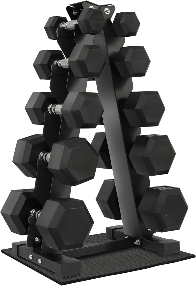 Fitvids Rubber Coated Hex Dumbbell Weight Set and Storage Rack, 100LB Set or 150LB Set, 5-20 lbs Pairs or 5-25 lbs Pairs