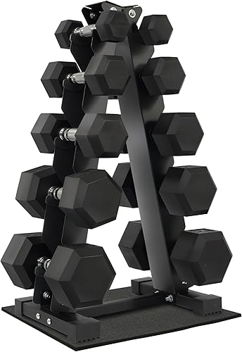 Fitvids Juego de mancuernas hexagonales con revestimiento de goma y estante de almacenamiento, juego de 100 libras, juego de 150 libras o juego de