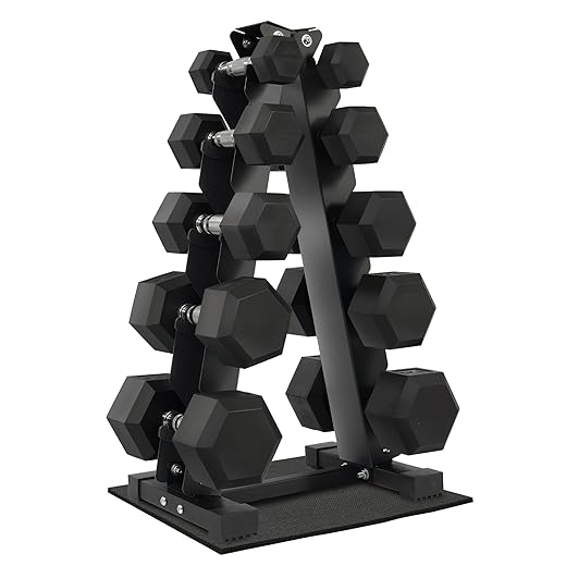 Rubber-Coated Hex Dumbbell Set with Storage Rack