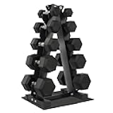 Rubber Coated Hex Dumbbell Weight Set and Storage Rack, 100LB or 150LB or 200LB​ Sets, 5-20 lbs or 5-25 lbs or 10-30 lbs Pairs