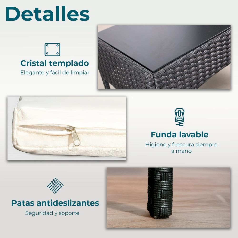 YOEVU Set Jardín 4 Piezas Ratán Sintético Antracita | Sofá y Sillas con Cojines Lavables, Mesa Cristal Templado, Resistente Agua/Sol, Ideal Terraza, Patio, Balcón