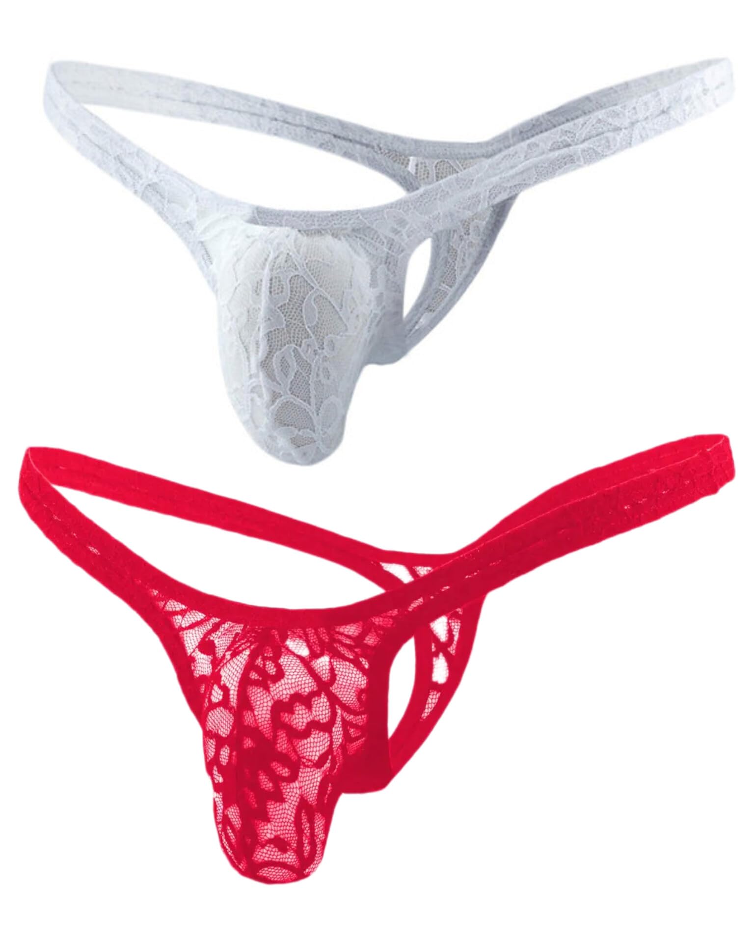 Men's Lace G-String Thong Underwear Trunk Brief, Sheer Pouch, Pack of 2, White and Red or Black-picture-39