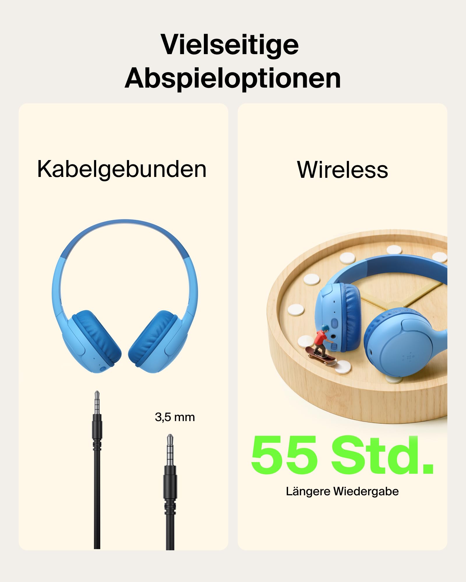 Belkin SoundForm Mini 2 kabelloser On-Ear-Bluetooth-Kopfhörer für Kinder, 55 h Laufzeit, Lautstärkebegrenzung auf 85 dB, mit Mikrofon, Kinder-Kopfhörer mit Schutzhülle für iPhone/iPad/Tablet - Blau