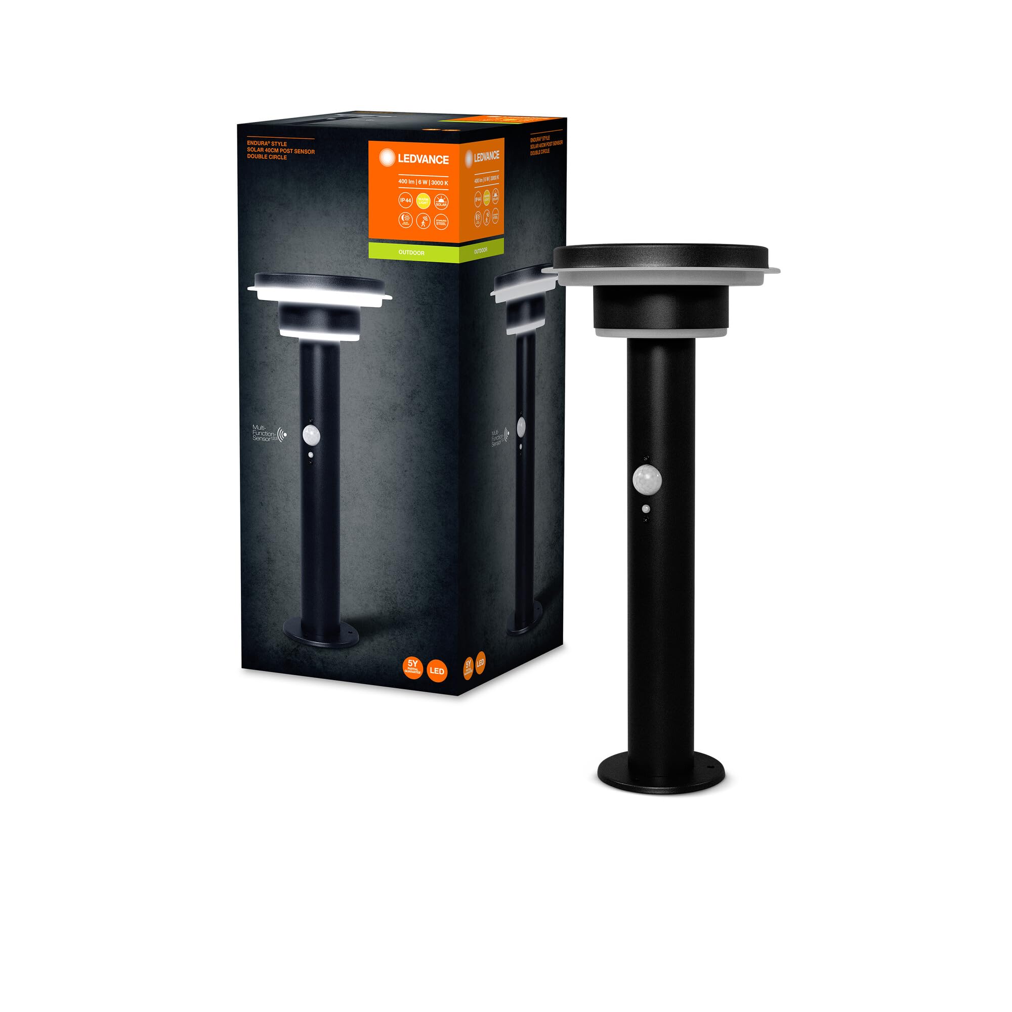 Ledvance Light/White/Black 6W Endura Style Double Circle Solar Post 3000K, Warm 400Lm, Ip44,
