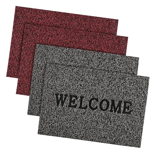 Image of Kuber Industries Pack of 4 Anti-Slip Welcome Print Grass Door Mats for Home| (16x24 Inch) Main Entrance Footmats for Bathroom, Living Room & Office | Grass Cut -Red & Grey