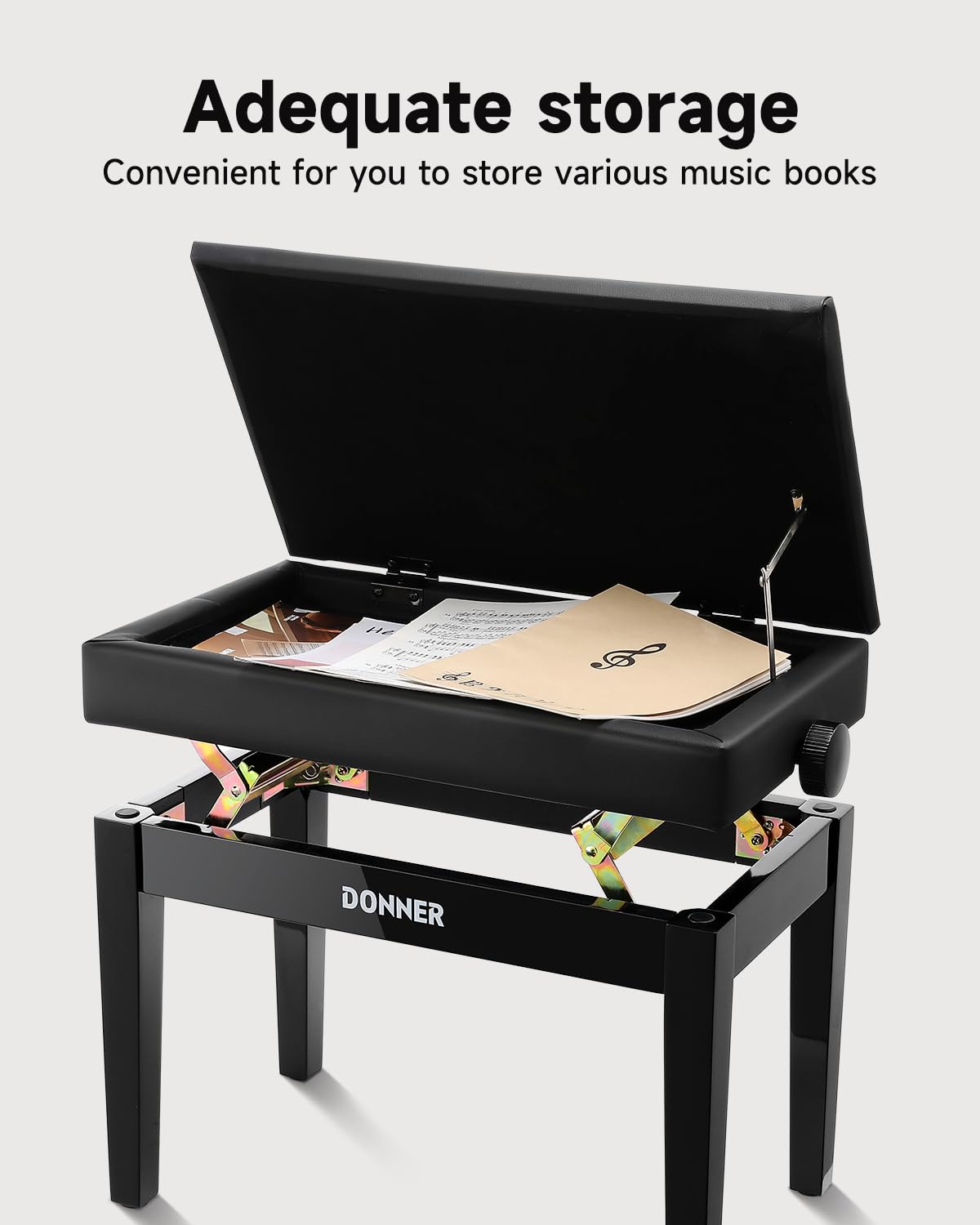 Donner Verstellbare Klavierbank mit Stauraum, Massivholz Tastaturbank Holz Klavierregal Hocker Stuhl Sitz mit hochdichten Schwämmen Kissen, Schwarz
