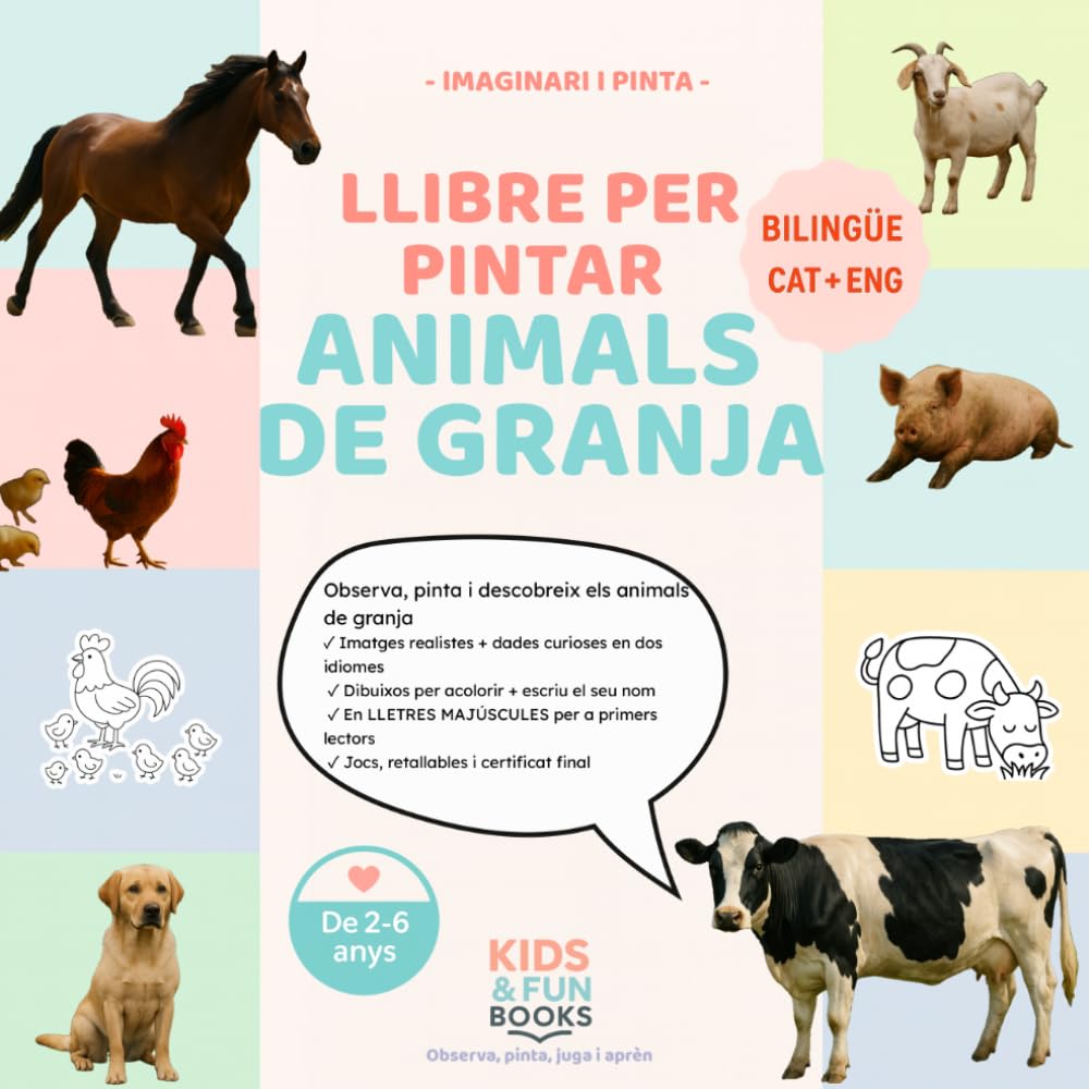 Llibre per pintar Animals de granja (2–6 anys) – amb imatges realistes + lletra de pal + activitats: Inspirat en pedagogies actives com Montessori, ... motricitat i atenció. (Imaginari i Pinta)