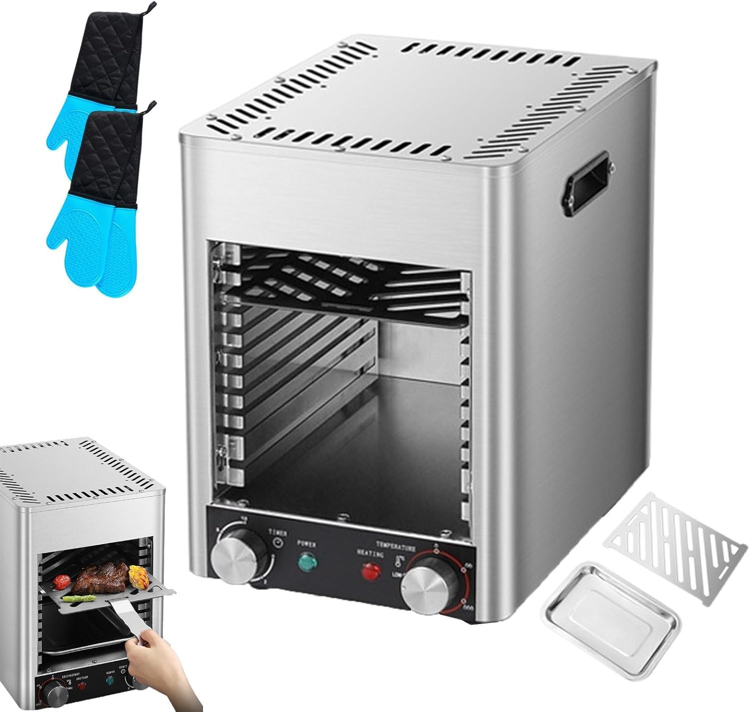 Electric Steak Grill with 10 Minutes Timer, Teppanyaki Grills 1700w Commercial Steak Grill Furnace, Countertop Grill Oven for Banquets, Buffets, Parties (Includes 2 Gloves)