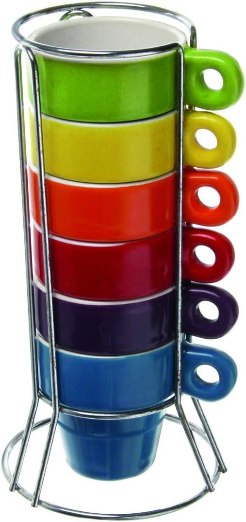 Paxanpax PSA462_14 Stackable Set of 6 Espresso Ceramic Mugs & Stand for Bodum Coffee Makers, 60 milliliters, Multi-Colour