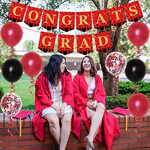 Graduation Decorations 2023 Red Black With Congrats Grad Banner Cake Topper, Number 2023 Foil Balloon, Red Black Confetti Balloons For School Grad New Years Holiday Celebration Party Supplies #TOP3