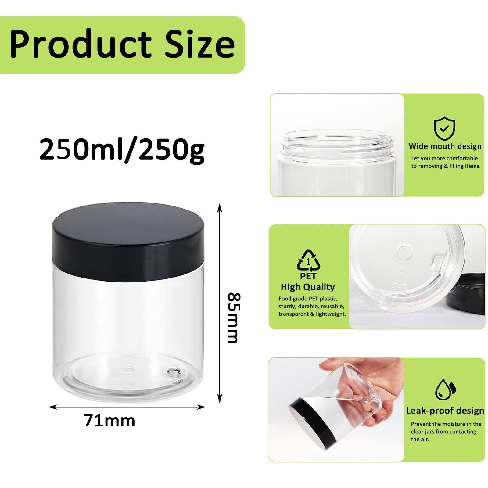 Apstaqeoo 2PCS 250ML Empty Plastic Jars With Black Lids - Image 2