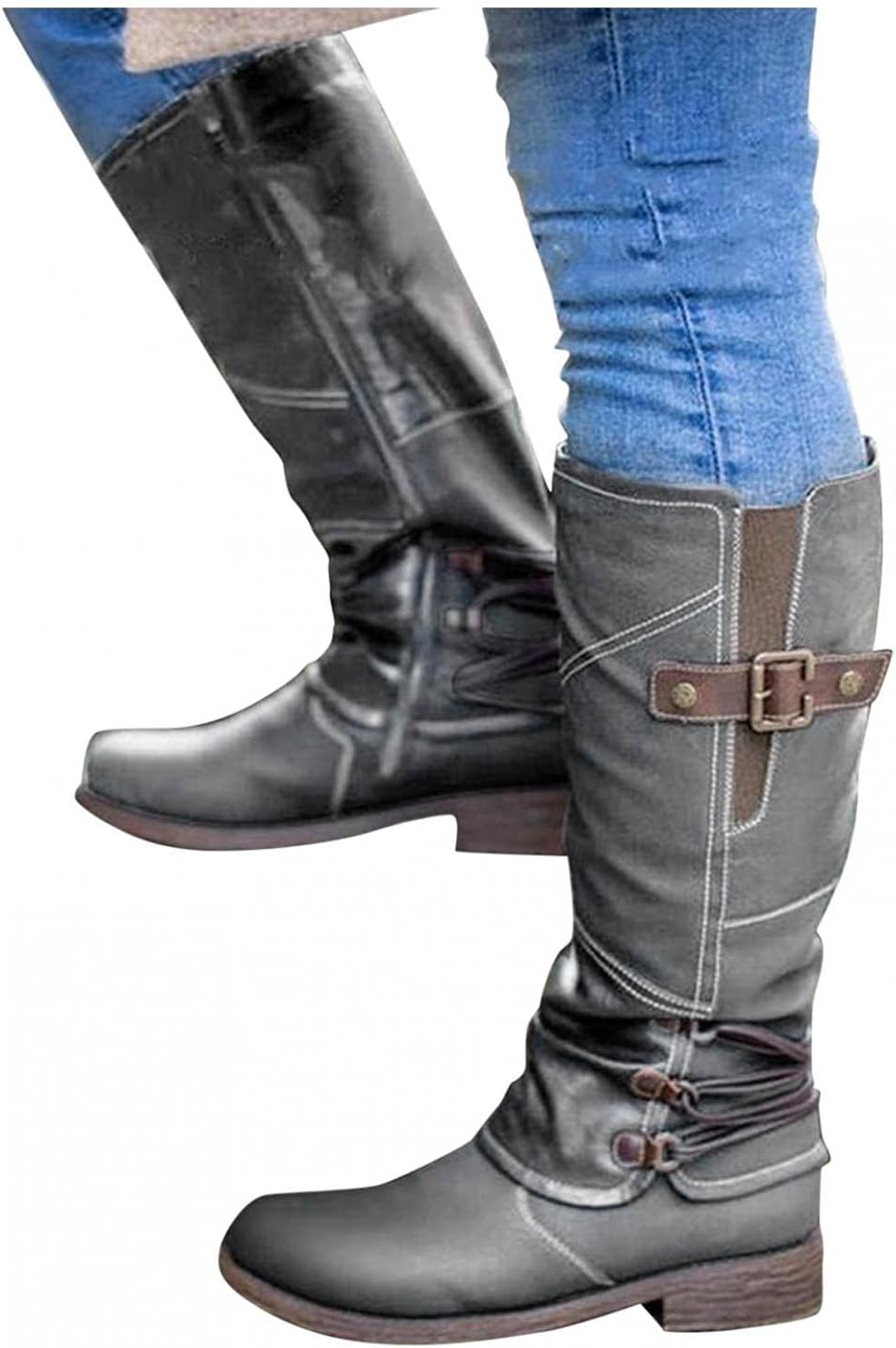 Hbeylia Boots For Women Vintage Fashion Casual Leather Round Tie Chunky Block Low Heels Motorcycle Riding Mid Calf Boots Retro Slip On Work Boots With Metal Buckle Winter Short Boots For Ladies
