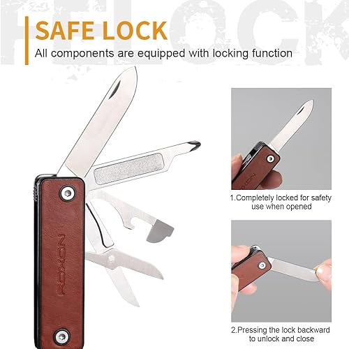 Miniatura 2 de ROXON M4 10 en 1 Mini cortaúñas portátil con mango de cuero multiherramienta, herramienta de utilidad, cuchillo con bloqueo de seguridad, tijeras,