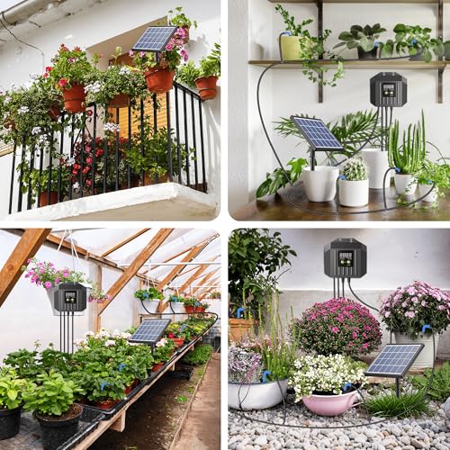 Biling Solar Bewässerungssystem Balkon, 7,5W 15M Automatische Bewässerung für Pflanzen im Urlaub mit Timer, Solar Tropfbewässerung für Garten Gewächshaus Blumen, Eitersparnis und Umweltbonus
