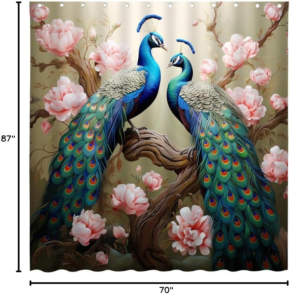 Two Peacock Shower Curtains Asian Pink Flower Beautiful Birds Elegant Animals Chinese Style Floral Plant Bathroom Decor Hanging Curtain Sets 87x70 Inch with Hook