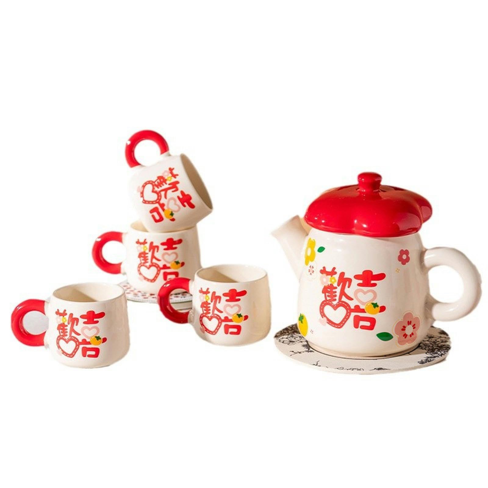 Juego de té festivo creativo y personalizado, juego de agua de cerámica para el hogar, té de tarde de boda, juego de agua feliz, una olla y cuatro tazas