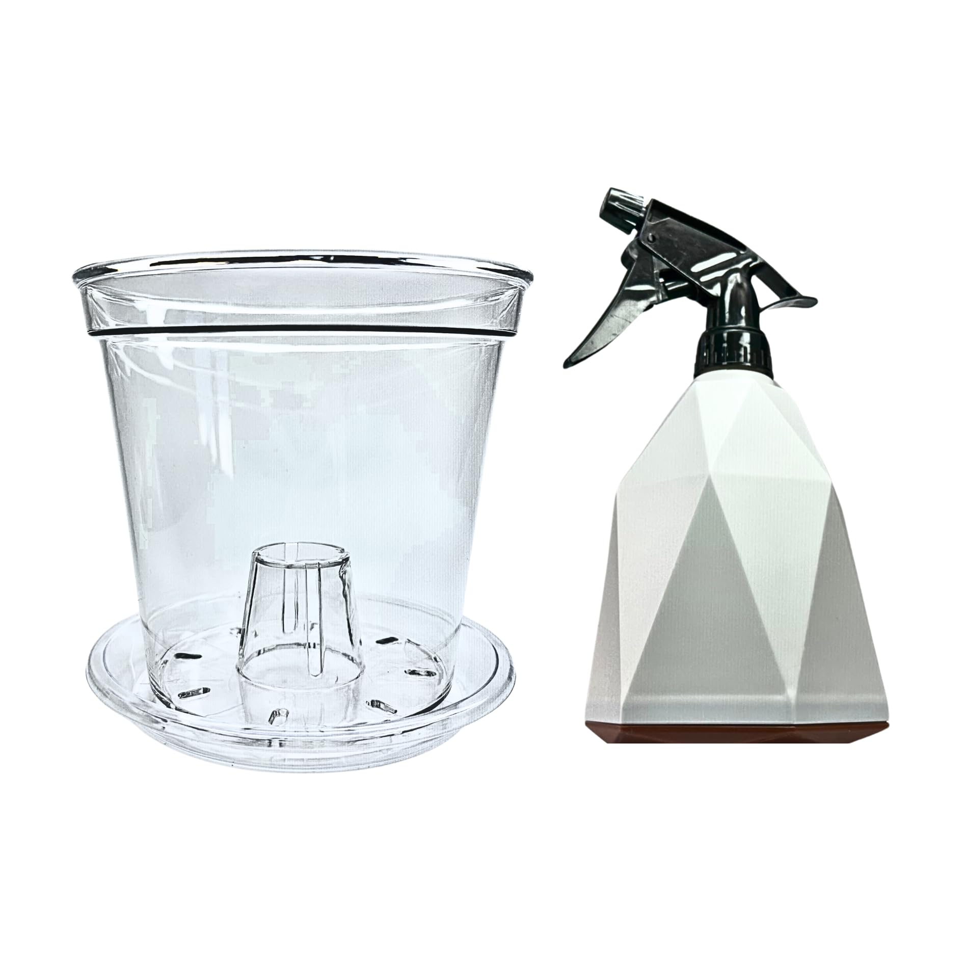 Maceta Transparente para Orquídeas + Plato + Pulverizador 600ml – Nuevo Modelo 12 Orificios Drenaje y Pestañas Elevación – Maceta Orquidea de Plastico Duro para Interior y Exterior Resistente 14.5cm