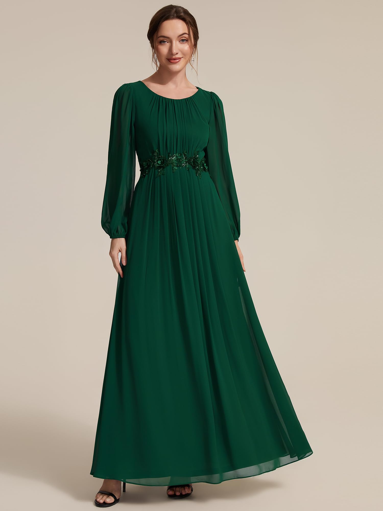Ever-Pretty Robe Invitée Mariage Longue en Mousseline Manches Bouffantes A-Ligne EE02823