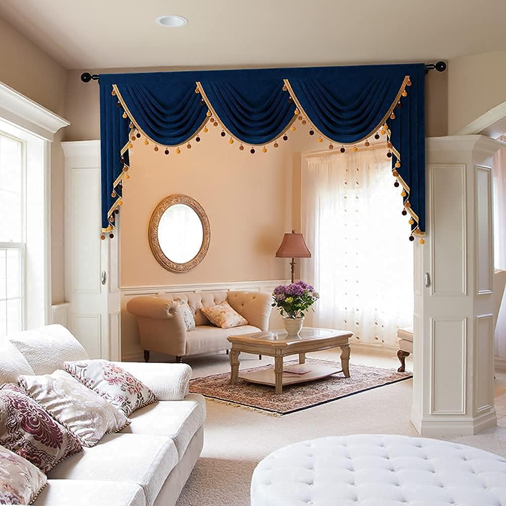 ELKCA Navy Double-Sided Velvet Waterfall Valance for The Living Room Bedroom Curtains Valance with Gold Colorful Pom Pom Tassel,79Inch,1 Panel