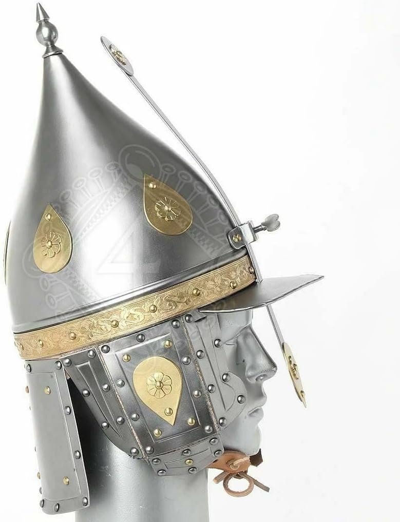 Medieval Armor Collection Lobster-Tailed Pot Helmet, 16th Century German Style, Silver with Gold Accents, Decorative Historical Replica
