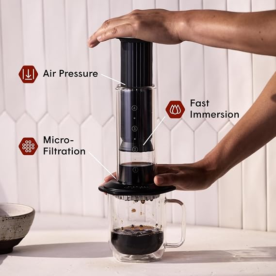 AeroPress Premium Coffee Press, Glass, Stainless Steel & Aluminum Coffee Maker, all-in-One French Press, Pour-Over & Espresso-Style manual brewer, 2 min brew for less bitterness, more flavor (Black)