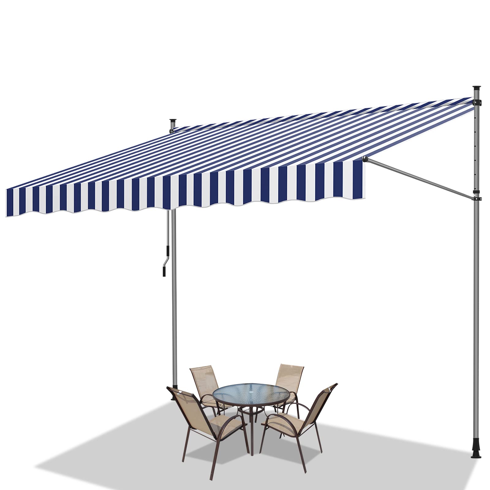 Fiqops Klemmmarkise mit Handkurbel Balkon, Balkonmarkise ohne Bohren, Markise UV-beständig, Sonnenschutz wasserdicht, Höhenverstellbar, 400x120x 200-300cm Blau Weiß