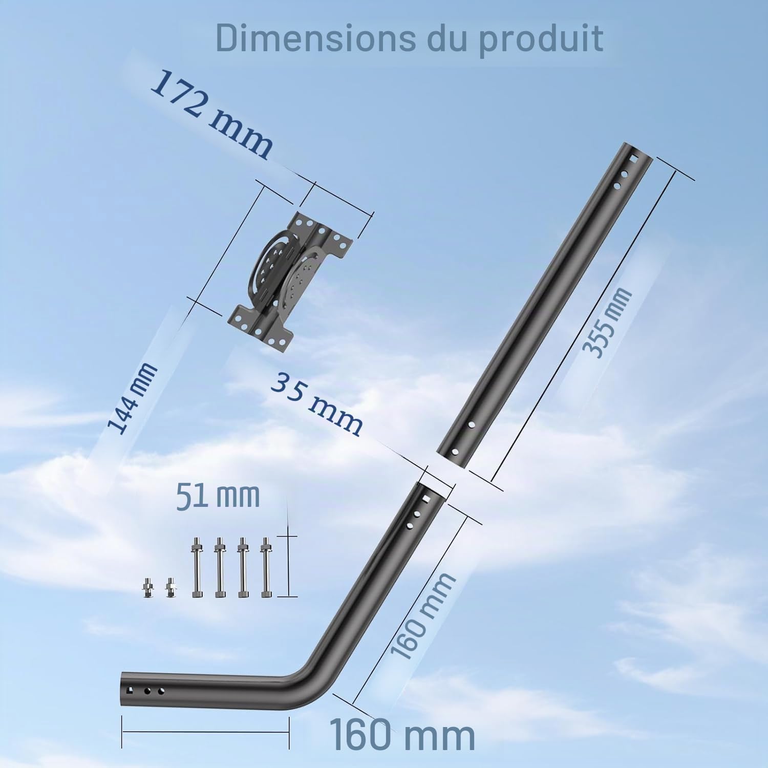 Support universel réglable pour antenne TV, mât en fer peint (1,38" x 24") - Montage mural, Gronde ou toit, Bracket Pivot résistant avec matériel inclus, noir