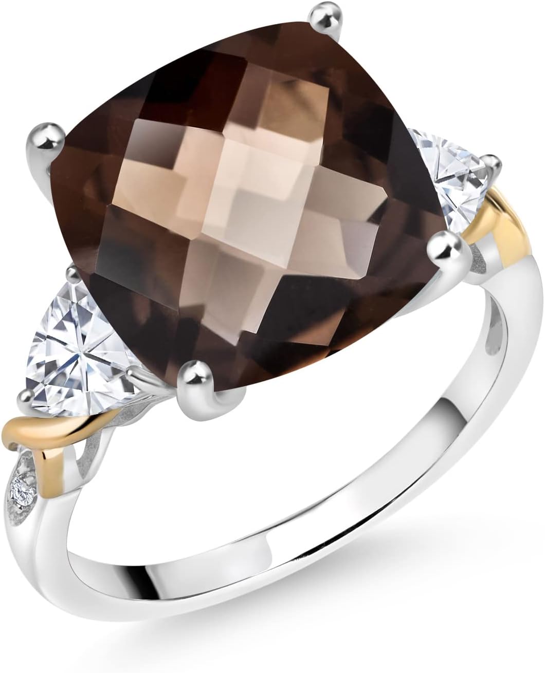 Gem Stone King 925 Silver and 10K Yellow Brown Smoky Quartz and White Moissanite and Diamond Ring For Women (7.05 Cttw, 12MM Cushion and 5mm Trillion)