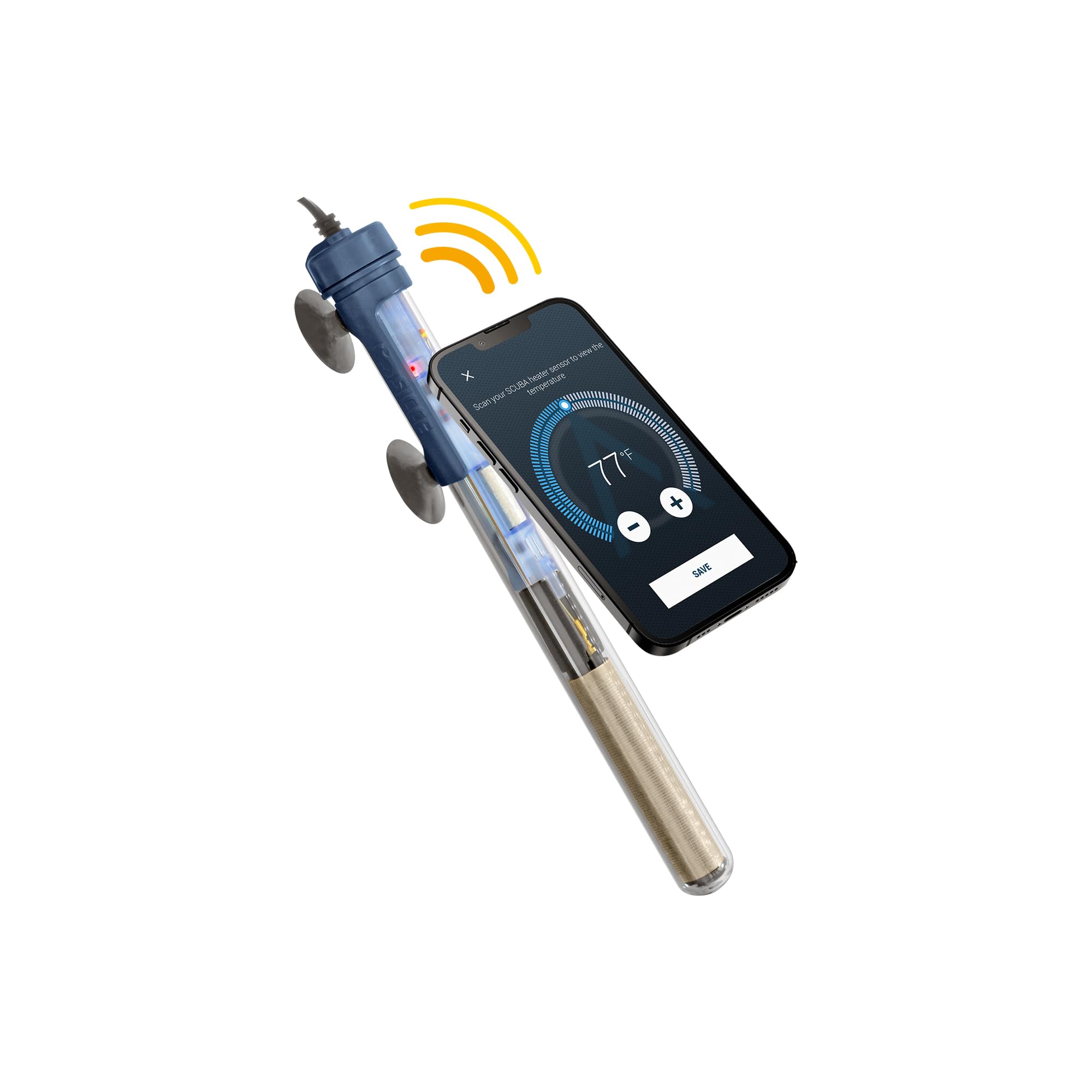 Sicce Scuba Chauffage d'aquarium 100 W contrôlé par NFC sans contact avec application réglable | 100 W submersible pour eau salée et eau douce | Protection contre la course à sec