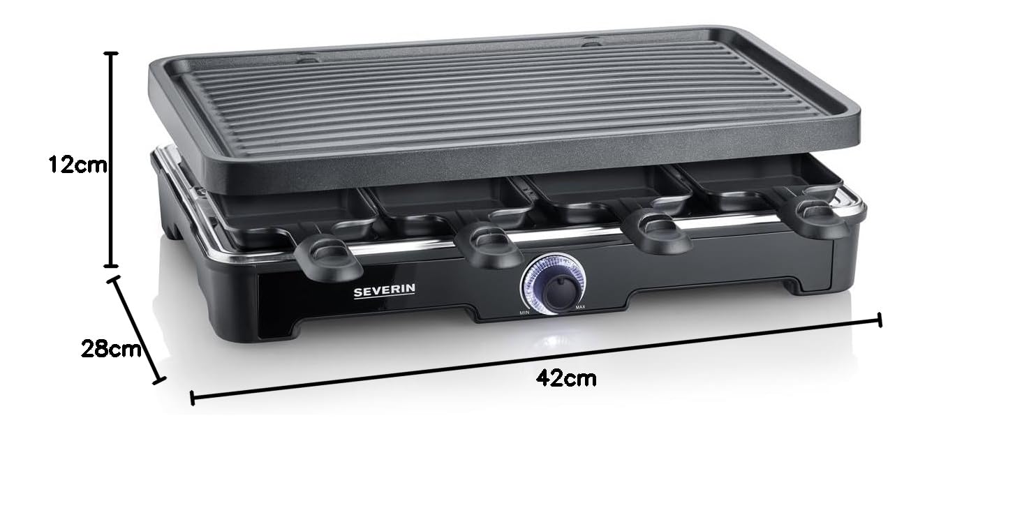 SEVERIN Raclette Grill, 1400W, 8 Padelline Antiaderenti, 8 Spatole, Piastra in Ceramica (41,5x26 cm), Temperatura Regolabile, Cavo Lungo 195cm, 42,0 x 28,0 x 12,0 cm, Nero - RG 9670