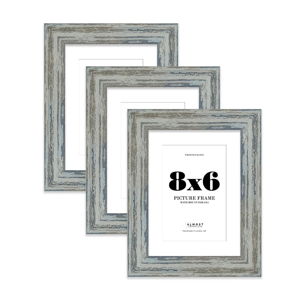 8x6" Distressed Blue Picture Frame with 6x4" Mount - Barnwood Photo Frame with Distressed Finish, Wall Hooks and Kickstand, 32mm Edge - 3 Pack
