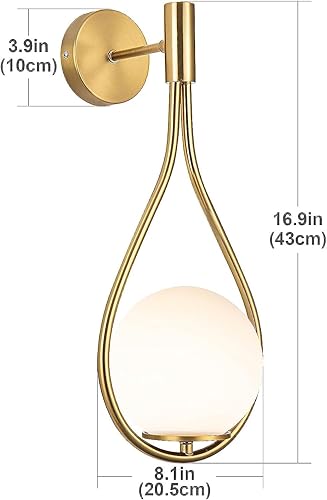 Miniatura 5 de jengush Paquete de apliques de paredluces de pared, no cableadas de latón dorado, lámparas de pared de globo de vidrio blanco, lámpara inalámbrica