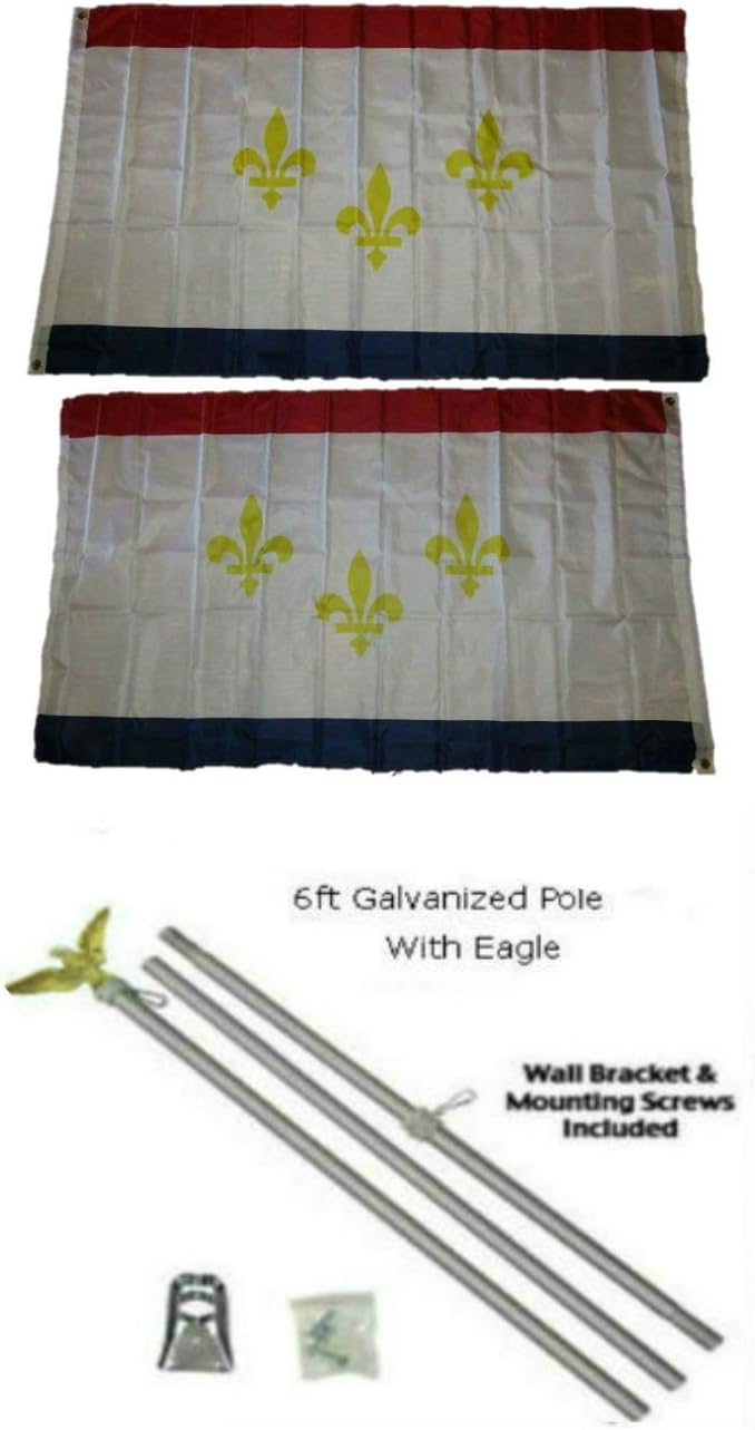 AES City of New Orleans 3'x5' Polyester 2 Ply Double Sided Flag with 6' Galvanized Flag Pole Kit with Eagle Topper