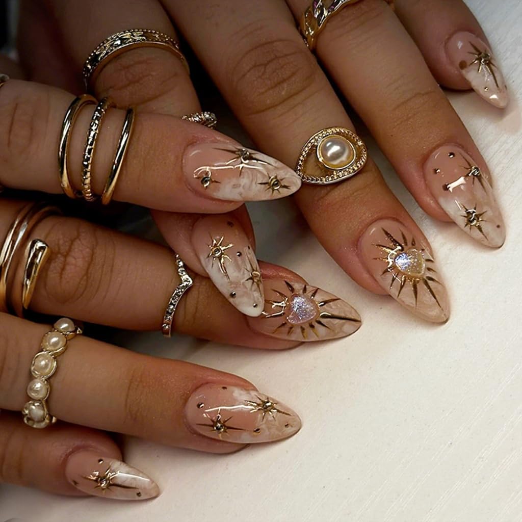 24 Pieces Almond French Styles Artificial Nails with Glossy Star Sun Designs for Women and