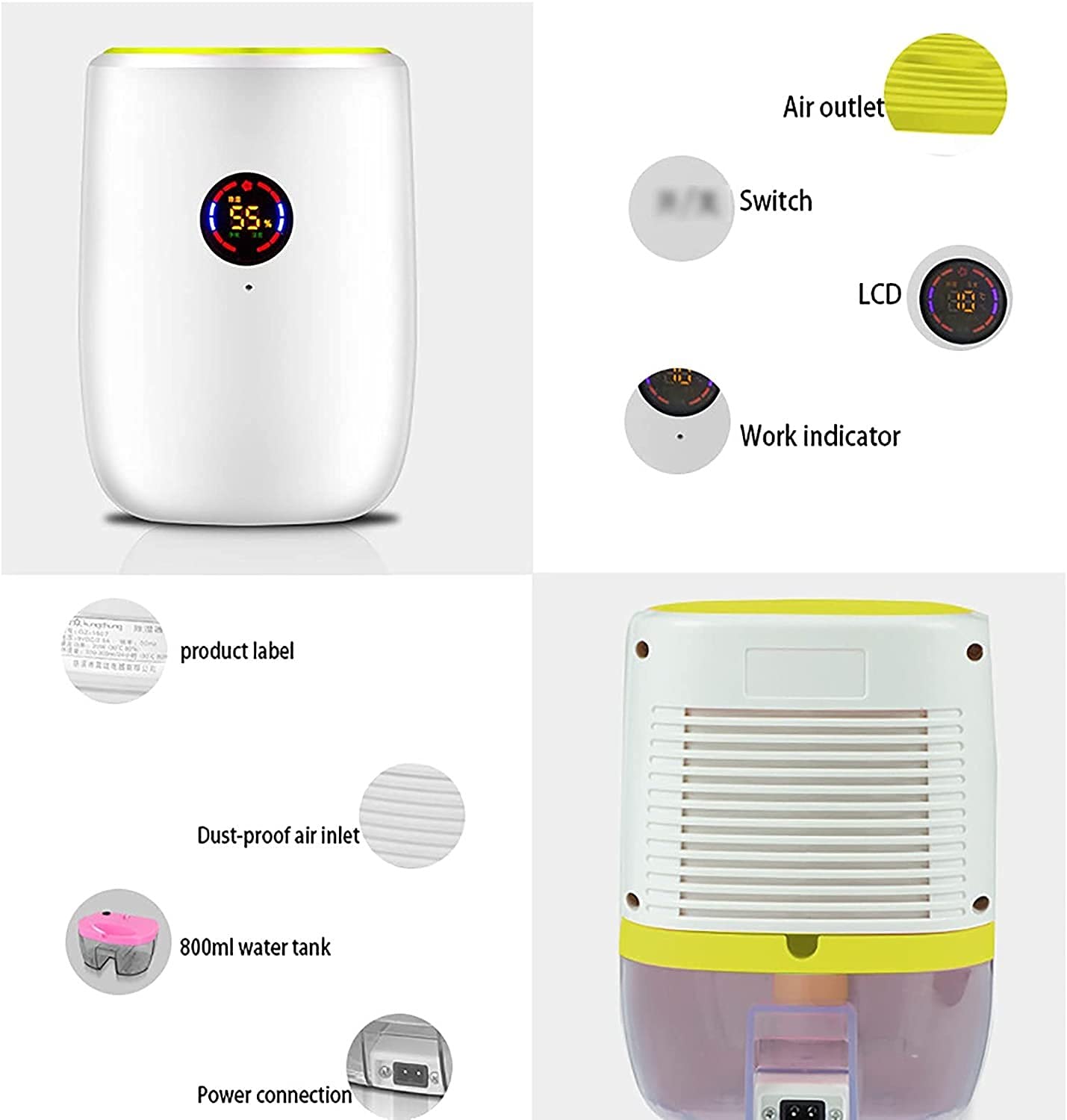 Mini Deshumidificador de Aire, Deshumidificador Eléctrico Portátil, Deshumidificador Purificador de Aire, 800Ml con Indicador LED, Ultra Silencioso, Puede Purificar El Aire