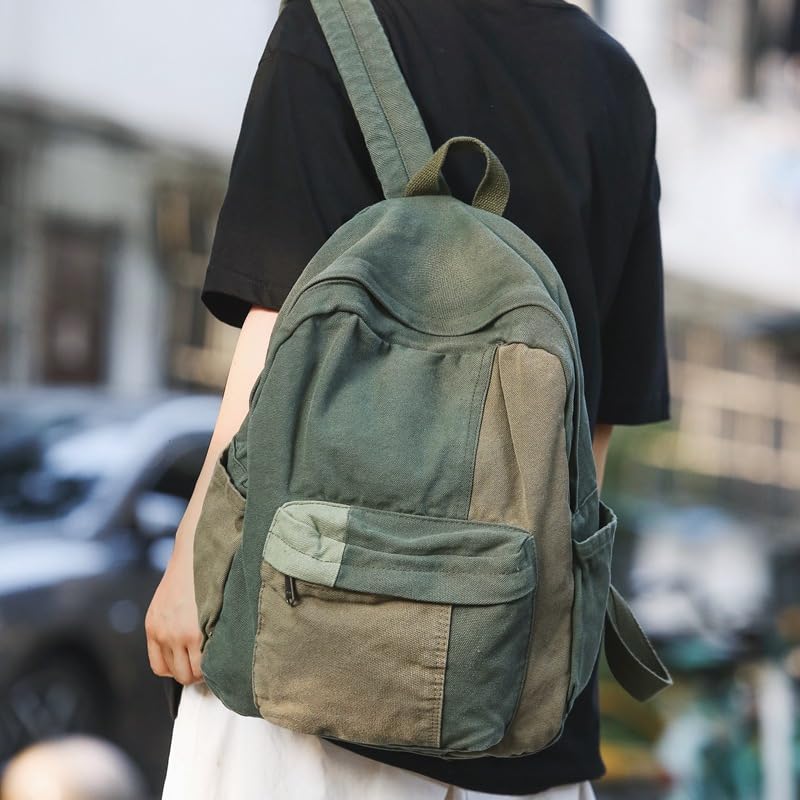 Vintage Canvas Backpack Retro Color Block Design Casual Travel Bag Unique Contrast Style Small Aesthetic Fashion Knapsack (Dark Green)2