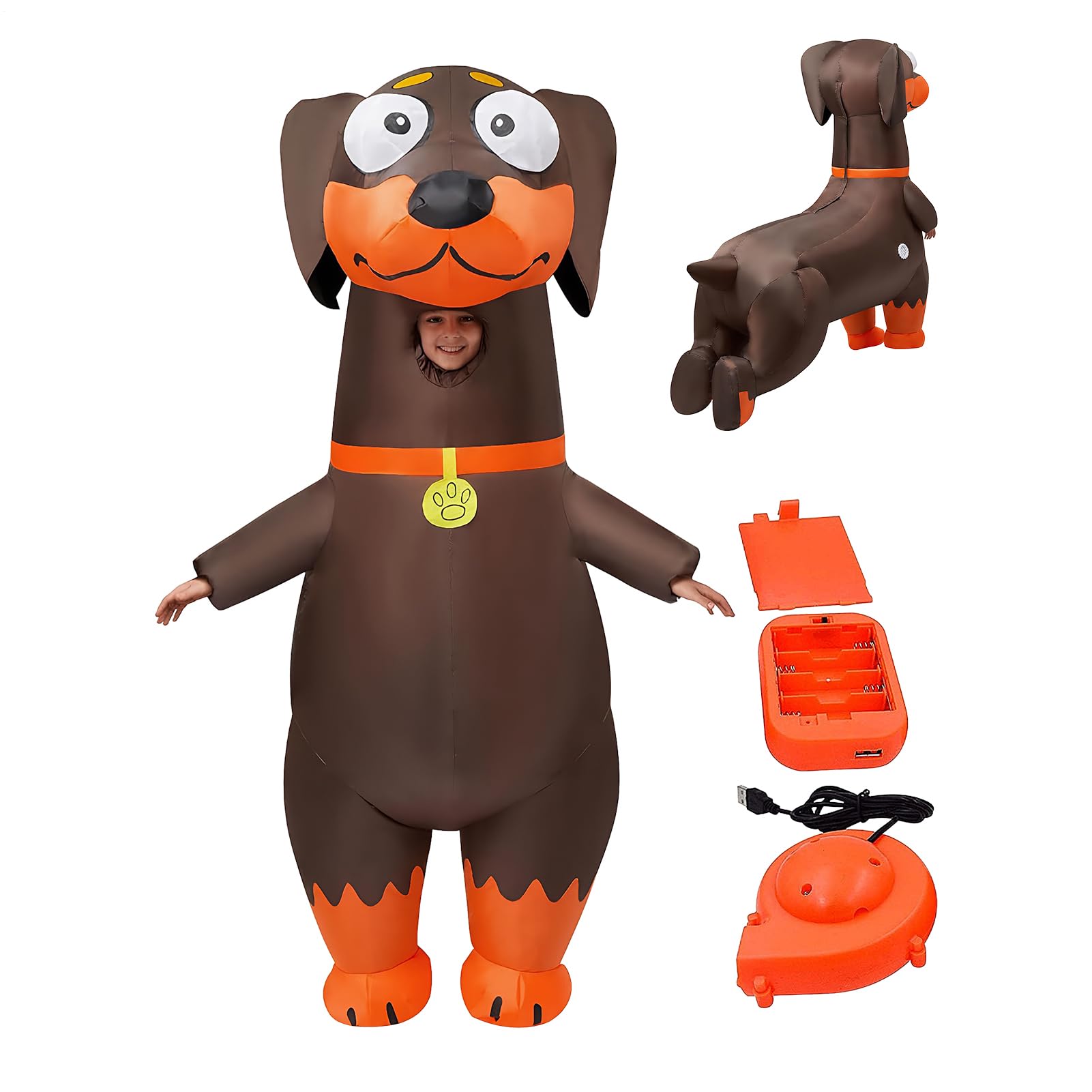 Costume da bassotto gonfiabile per bambini, completo con soffiatore alimentato a batteria, costume per Halloween, Pasqua, carnevale, festa di Natale, adatto per 1,3-1,5 m, 116 x 200 x 190 cm