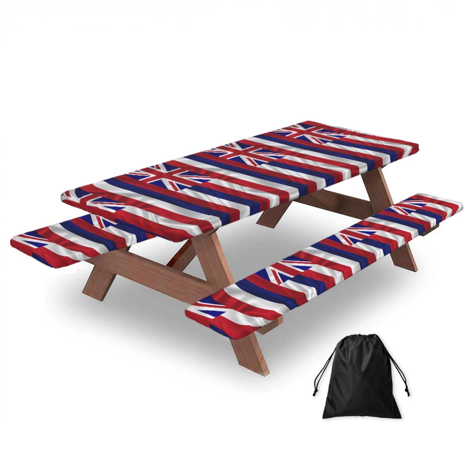 Hhbiuuo Black 72In Camping Table Cover & Bench Covers 3-Pack Set, Flag Of Hawaii American Print Tablecloths, For Rectangle Tables Picnic