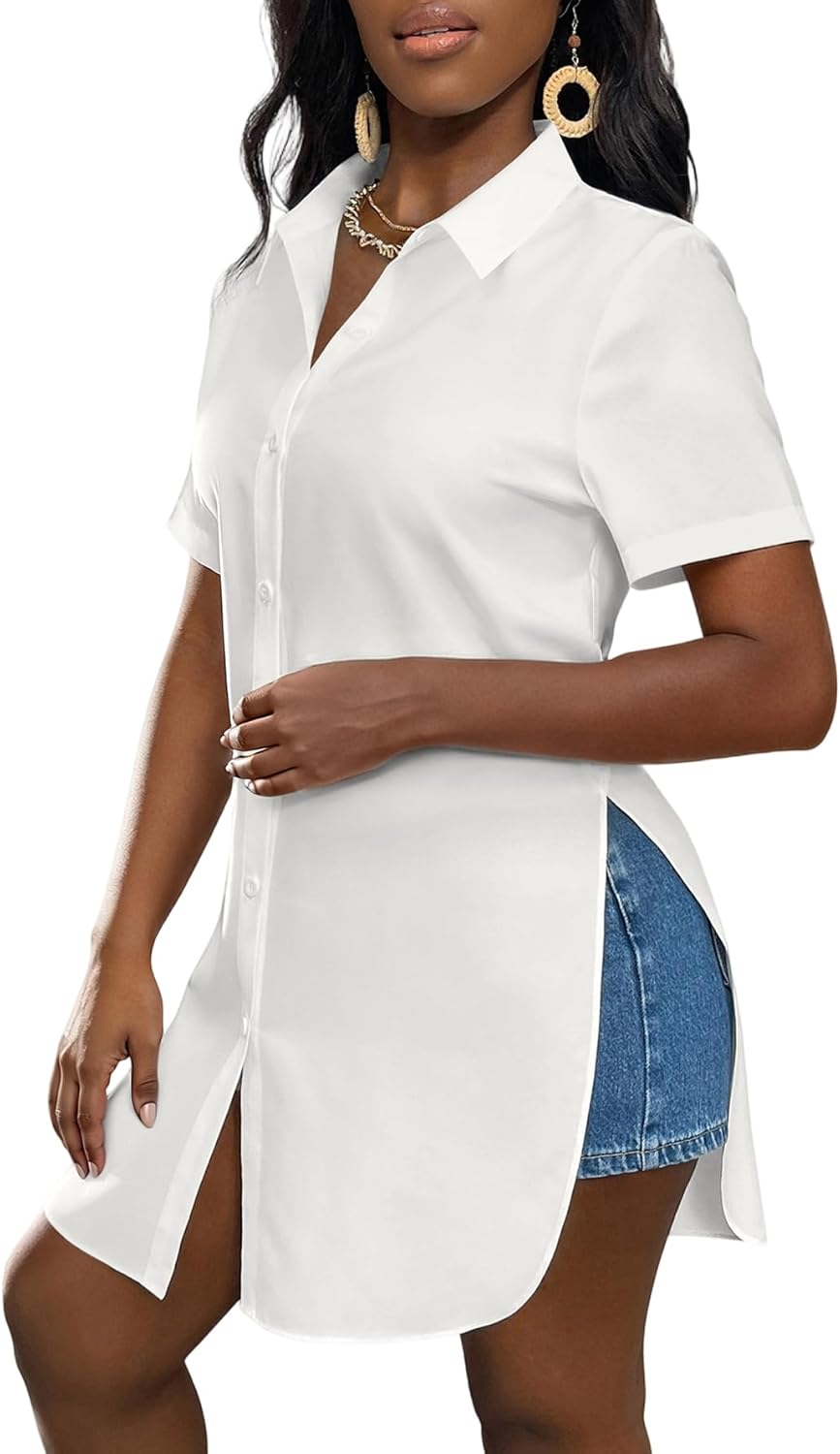 LYANER Women's Collar V Neck Button Down Slit Hem Short Sleeve Blouse Long Shirt Top - Image 2