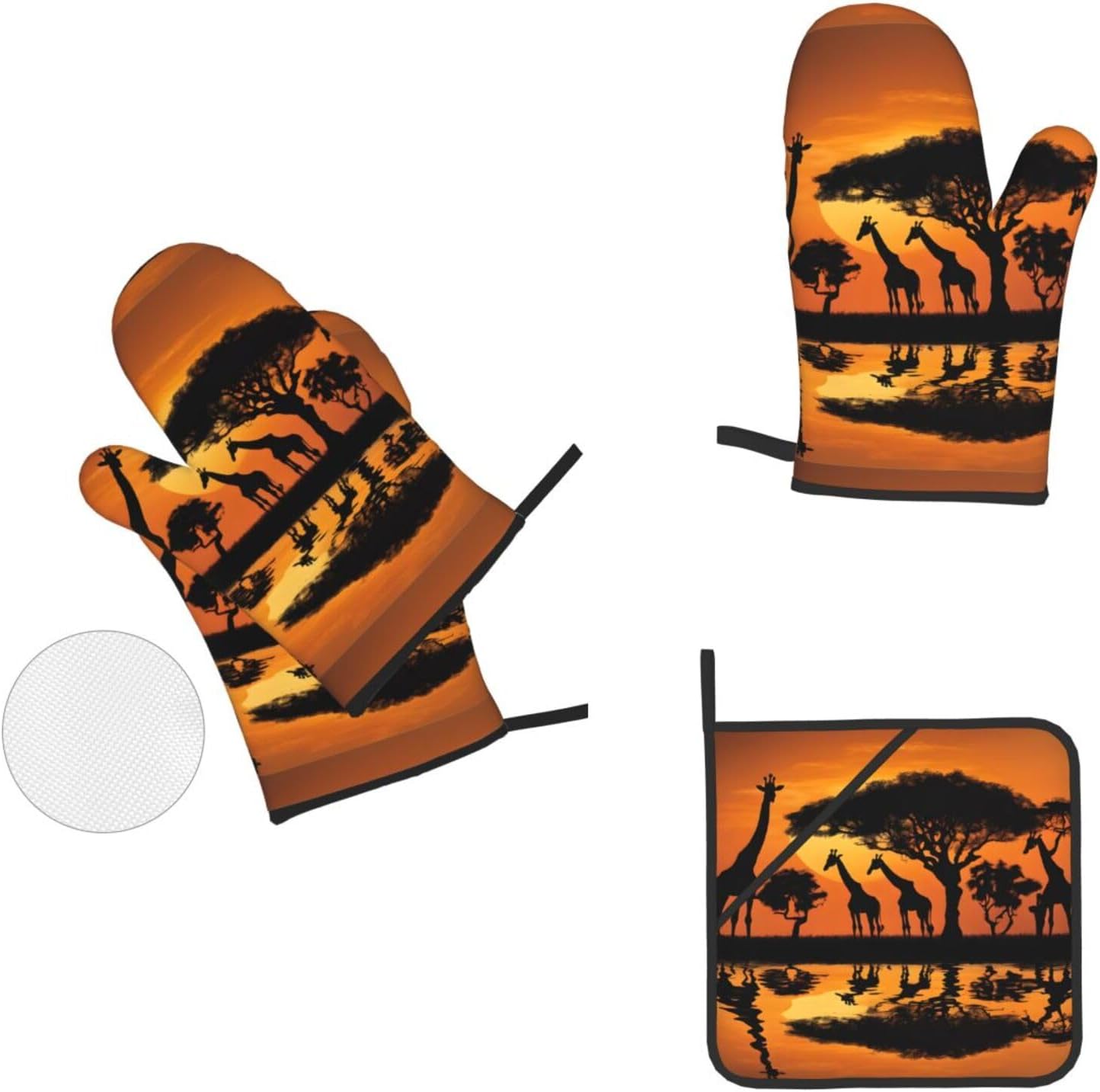(Africa Giraffe Majestic Tree) Baking 4-Piece Set: 2 Oven Mitts and 2 Pot Holders Heat Resistant Waterproof Hanging Loop for Kitchen Oven Grill Housewarming Gifts