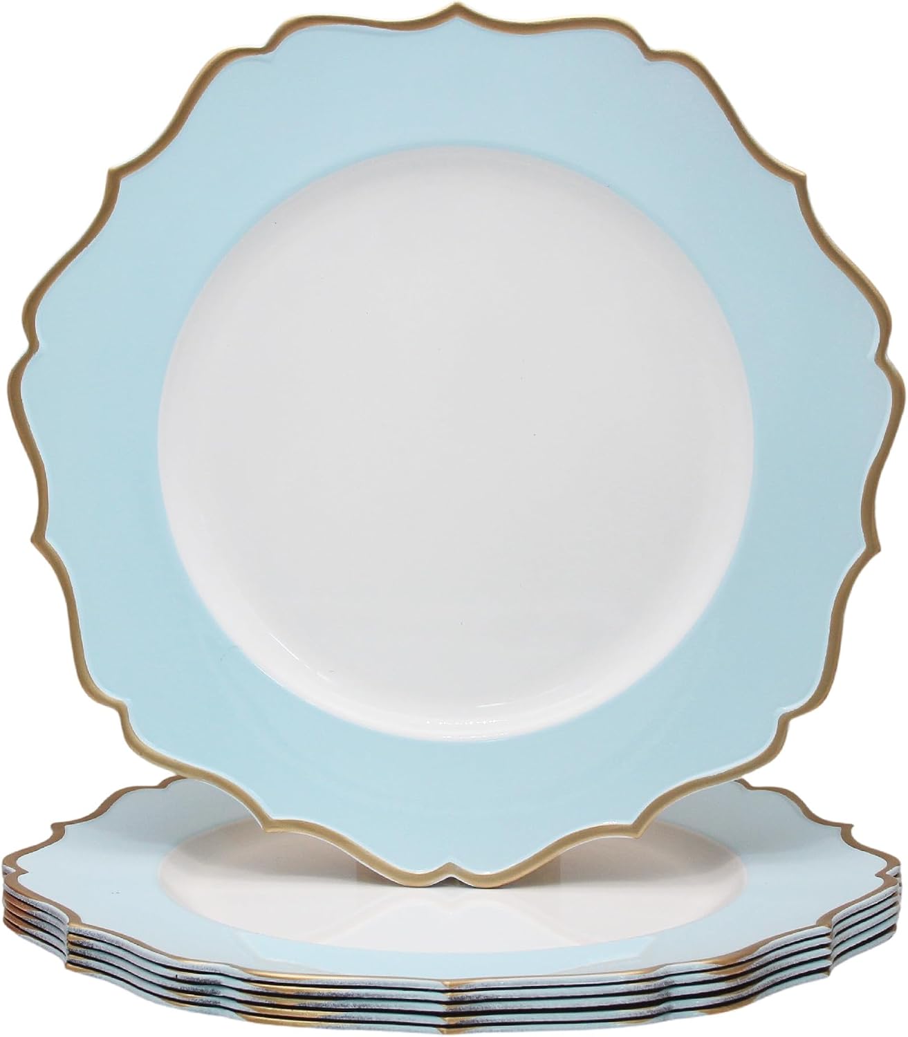 13" Scalloped Baby Blue Charger Plates with Gold Rim, Set of 6 Elegant Plastic Chargers for Dinner Plates Wedding, Party, and Festive Table Decor