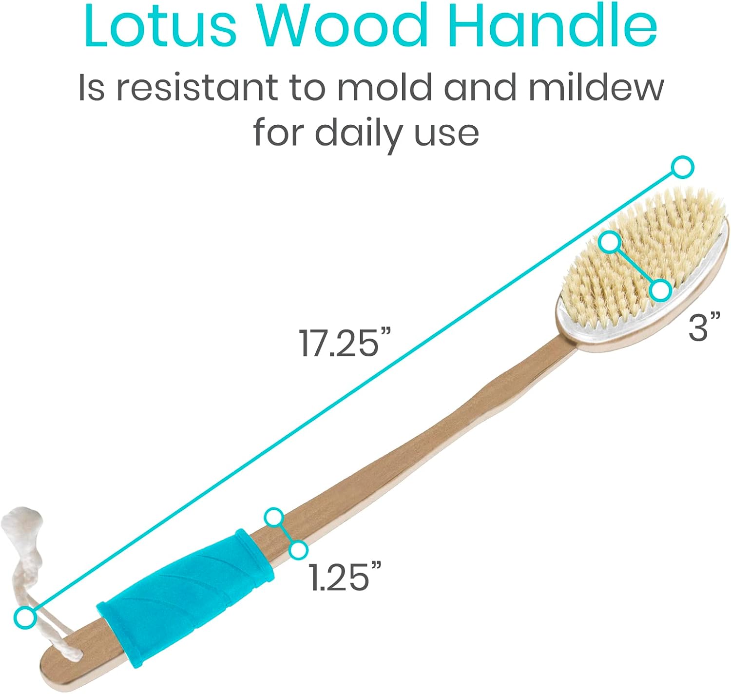 Vive Back Scrubber Brush for Shower - for Dry or Wet Body Brushing - Long Handle - Cleaning Lymphatic Drainage Handled Washer for Men, Women - Showering Bathing Exfoliator with Soft & Stiff Bristles