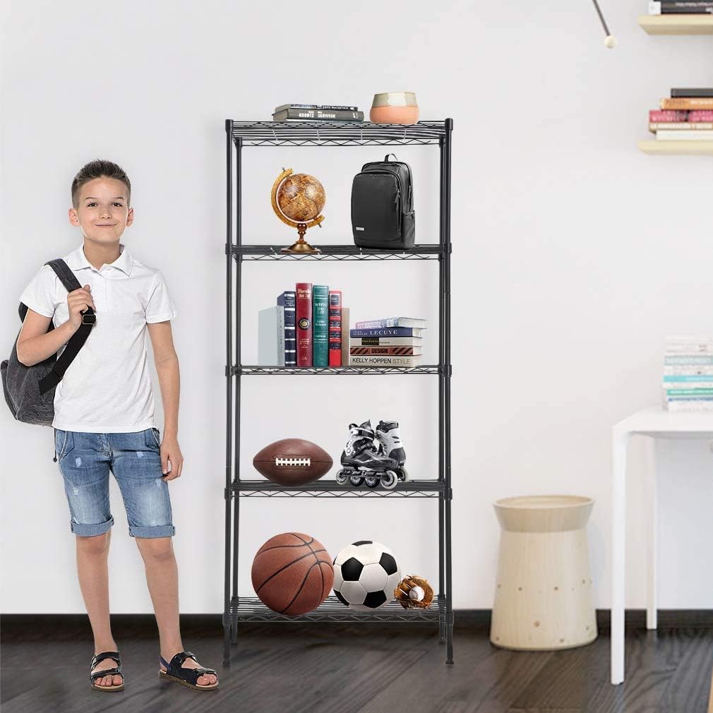 5 Tier Wire Shelving Unit Rack, No Wheels No Height Adjustable NSF Heavy Duty Storage Shelf Metal Shelving with Feet Levelers for Garage Kitchen Office Bathroom Best Home Shelving Black - 14"x24"x60"