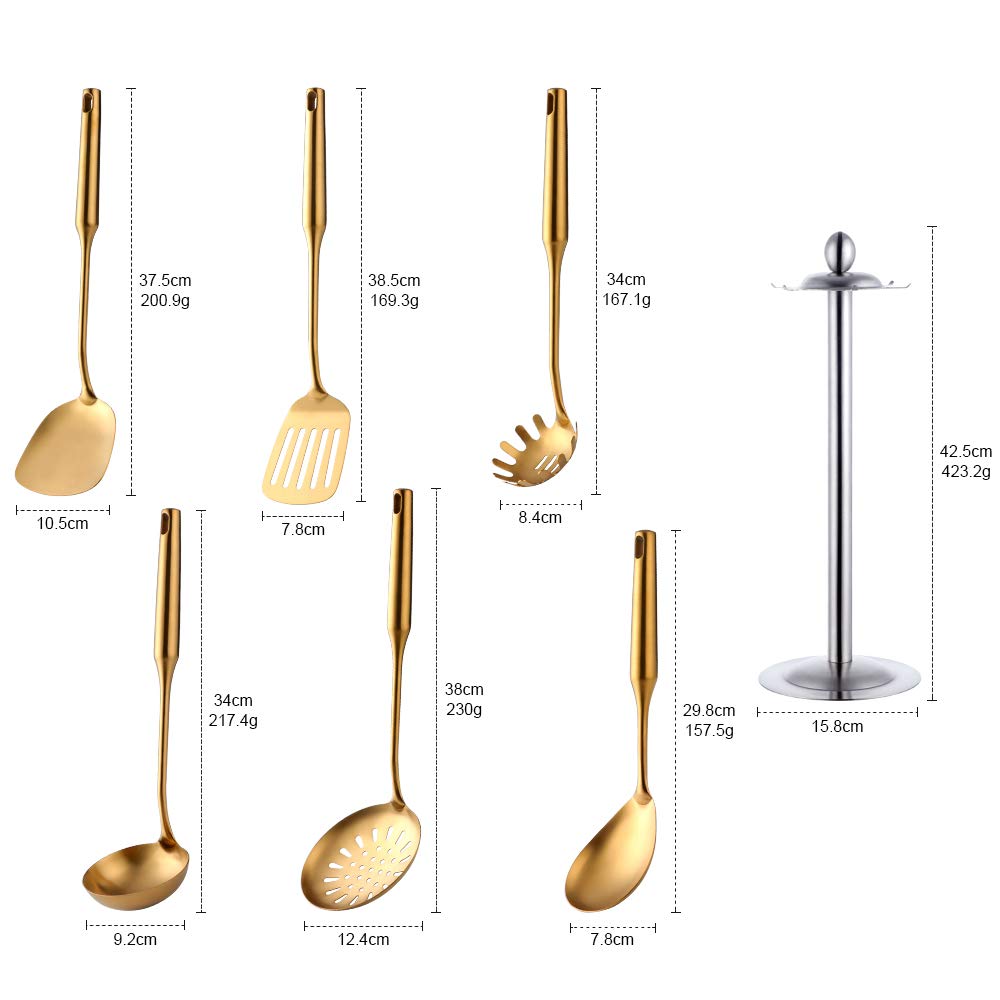 Ustensiles de cuisine 6 pièces acier inoxydable Écumoire Louche Spatule de Cuisine Tourneur à fente Riz Pasta Server avec support