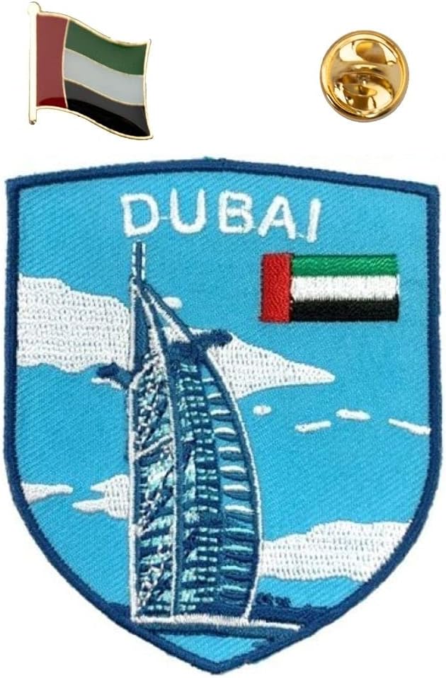 A-ONE - Dubai The Burj Al Arab Embroidered Ptach+UAE Flag Lapel Pin, Sailboat Hotel Applique Arab Landmark Patch, Emirates Brooch Pin, Iron on Heat Sealed Backing Patch Decoration NO.229P