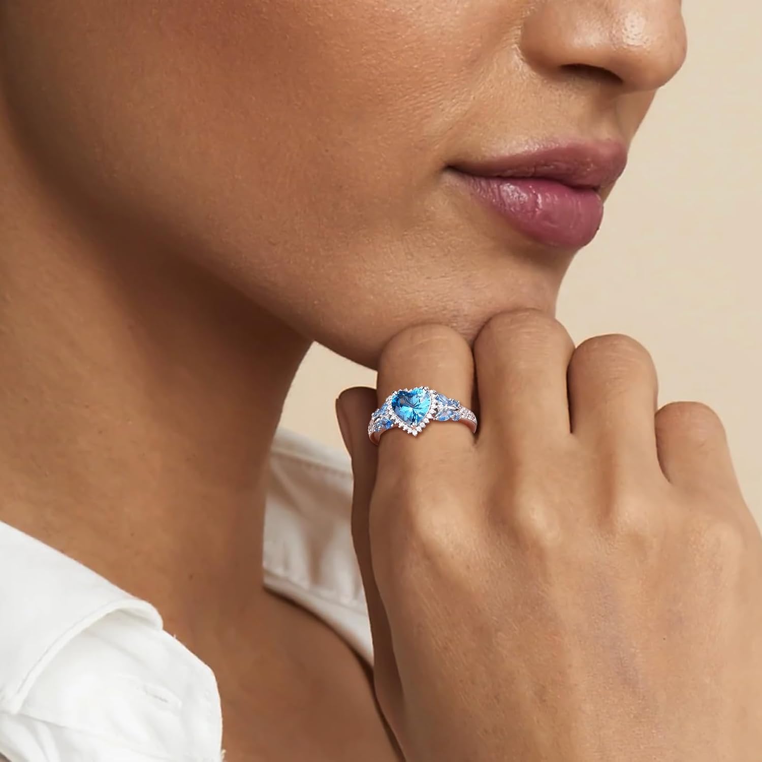 Sterling Silver Butterfly Birthstone Rings for Women, 3 Carat Created Gemstone Diamond Heart/Pear Engagement Halo Ring, Promise Rings for Her, Wedding Anniversary Jewerly Size 6 to 10