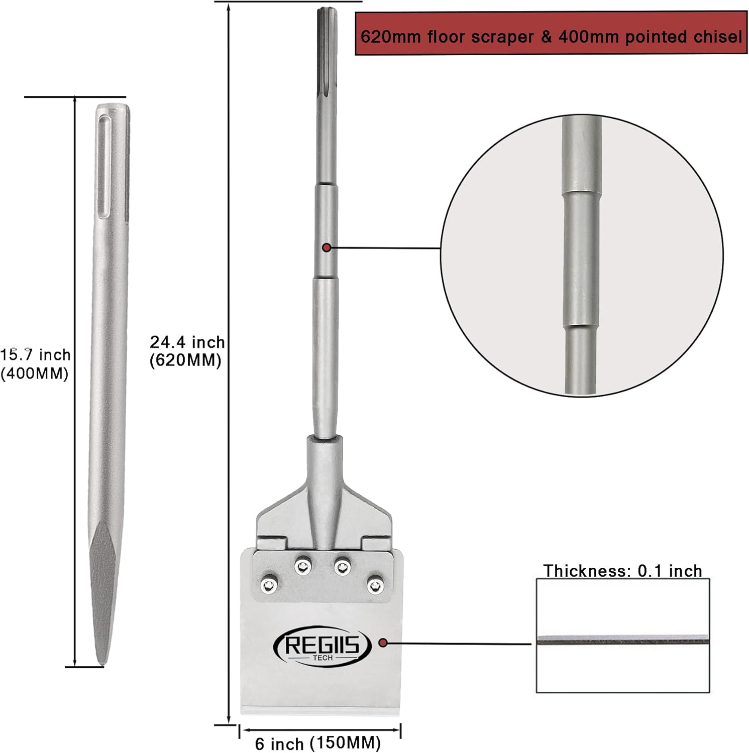 SDS Max Floor Scraper 6 in. x 24 in. Wide Tile Flooring Adhesives Remover, Thinset Removal Tool Chisel Bit with Spare Blades & Point Concrete Chisel & Gloves