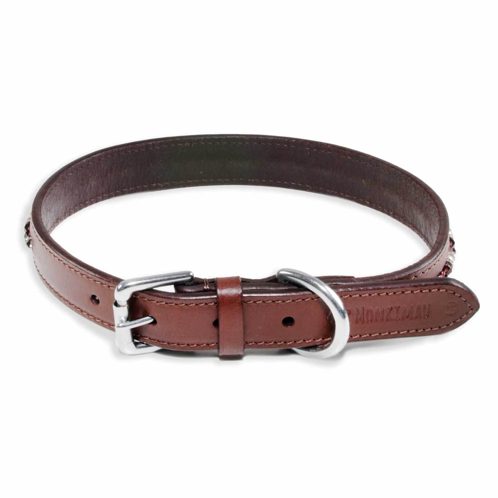 Monkimau Halsband Hund echt Leder Hunde Halsbänder braun mit Kristallen Lederhalsband verstellbar Dog Collar Hundehalsband (XS-S: 20mm x 40cm)